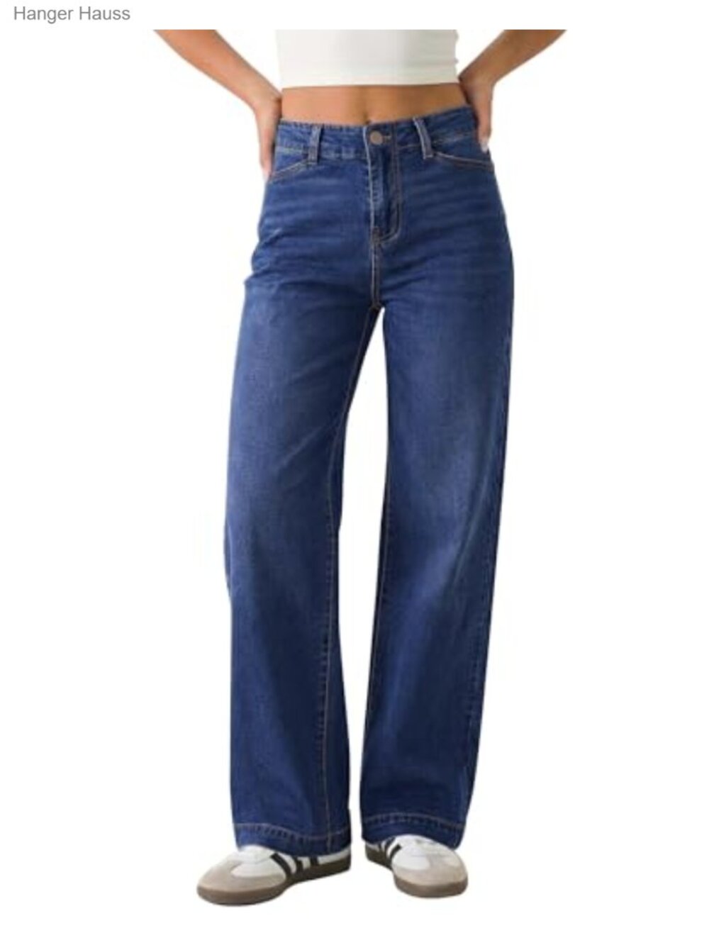 High Rise Wide Leg Stretchy Denim Jeans Slash Pocket Trouser